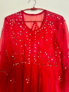 Red Mirror Work Chikankari Kurta