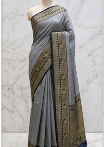 Elegant Grey Saree with Golden Zari Border