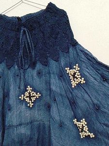 Bohemian Denim Maxi Skirt with Pearl Embellishment