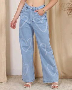Shein Light Wash Heart Print Wide Leg Jeans