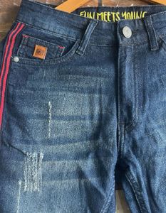 Men's Distressed Blue Jeans with Red Stripes