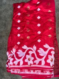 Red Saree with Gold &amp; White Motifs