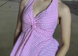 Chic Pink Gingham Halter Top