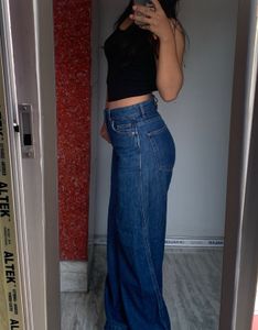 MANGO High Waisted Wide Leg Blue Jeans