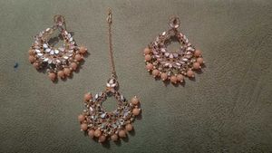 Rose Gold Kundan Maang Tikka &amp; Earrings Set