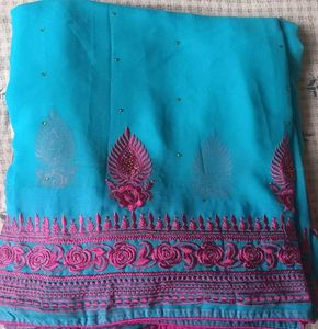 Set Of Beautiful Teal Saree with Pink Embroidery A