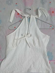 White Textured Halter Neck Top