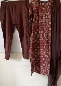 Maroon Printed Kurta with Pants and Dupatta