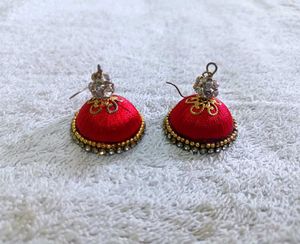 Red Silk Thread Jhumka Earrings