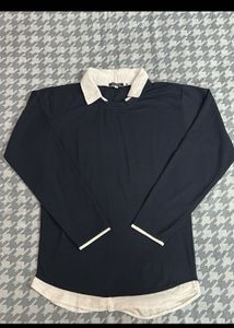 Navy Blue Long Sleeve Collared Top