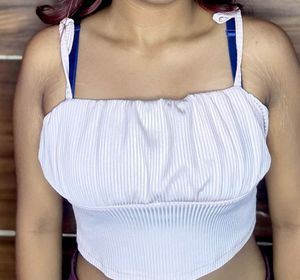White Ribbed Tie Strap Crop Top