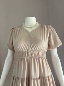Elegant Beige Tiered Midi Dress