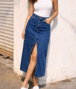 Denim Maxi Skirt with Front Slit