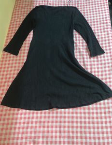 Ribbed Black Button-Up Flare Dress