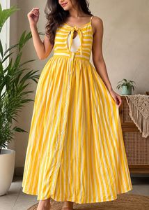 Yellow Striped Maxi Dress with Tie-Front