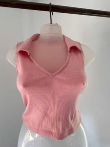 Pink Collared Sleeveless Crop Top