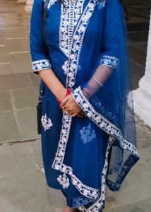 Teal Blue &amp; Motifs Embroidery Kurti Pant Dupatta