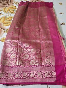 Elegant Cream with Pink Border banarasi Sare