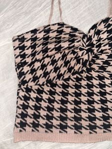Houndstooth Knit Twist Front Crop Top