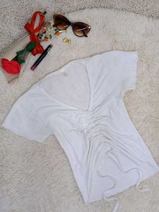 White Ruched V-Neck Top