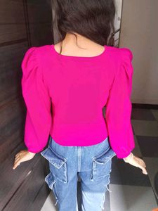 Hot Pink Square Neck Puff Sleeve Top