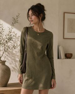 Long Sleeve Casual Olive Green Dress