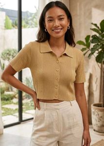 Beige Cream Button-Up Knit Sweater Top