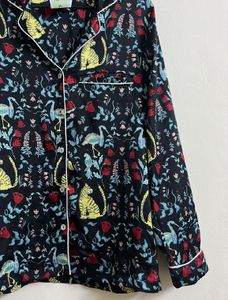 Whimsical Cat &amp; Crane Print Pajama Top