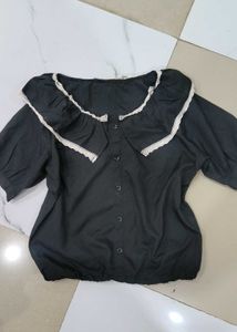 Black Button-Up Top with Ruffled Collar