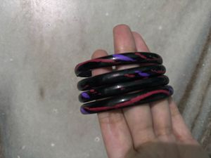 Set of 4 Black Bangles with Purple &amp; Pink Splatter