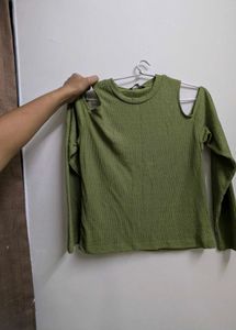 Women's Green Ribbed Cut-Out Top