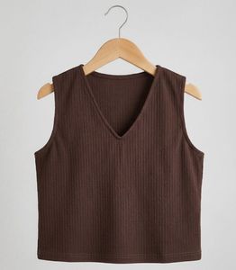 Brown Ribbed V-Neck Sleeveless Top