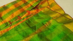 Saree. Cotton Mix. Checked. Orange With Green Colour.