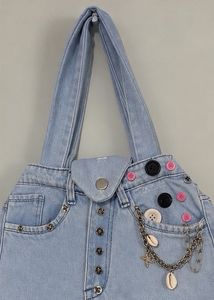 Y2K Light Blue Denim Tote Bag with Chain &amp; Button