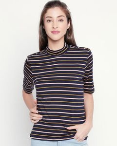 Annabelle Navy Textured Round Neck regular fit