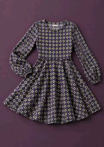 BLUE & MUSTARD GEOMETRIC PRINT FLARED DRESS