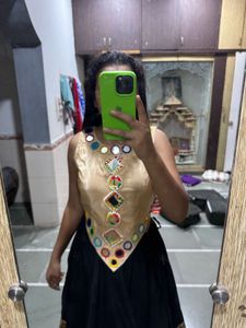 60 lines black chaniya golden mirror work blouse