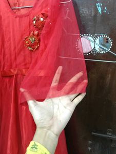 Stunning Red Net Gown with Floral Embellishments