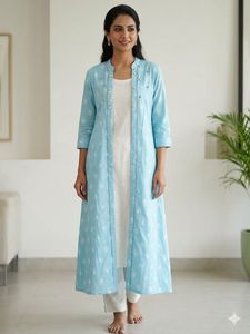 Blue Printed Kurta Set with Jacket