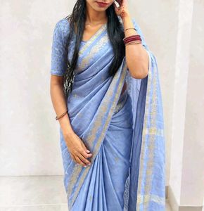 Elegant Blue Saree with Golden Border