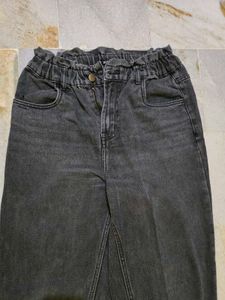 Washed Black Denim Paperbag Waist Jeans