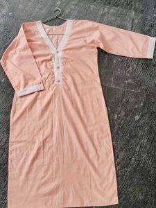 Peach Khadi Cotton Kurta Set with White Lace