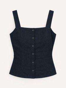 Stylish Navy Blue Ribbed Square Neck Top