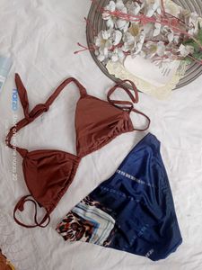 Bikini Set - Brown Top &amp; Patterned Bottoms