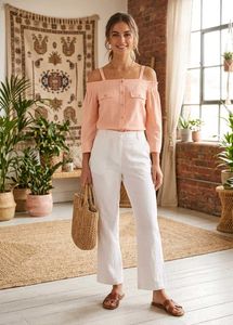 Peach Off-Shoulder Button-Up Top