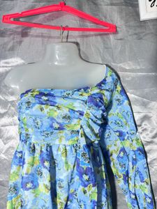 Blue Floral One-Shoulder Midi Dress