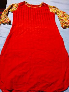 Vibrant Red Kurta with Floral Sleeves