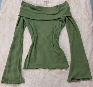 Off-Shoulder Bell Sleeve Ribbed Top