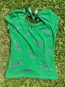 Green Graphic Top with Bow Back