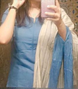 Blue Kurta Set with Matching Pants and Striped Dup